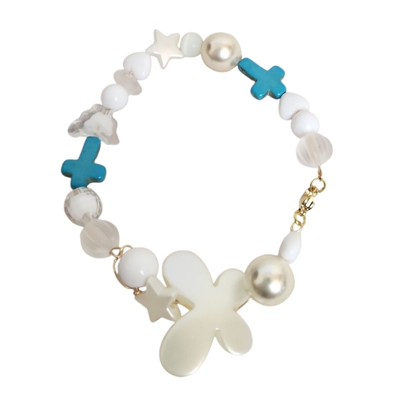 Turquoise Cross Acrylic Butterfly Star Disco Ball Heart Wire Pearl Bracelet - Picture 3 of 4